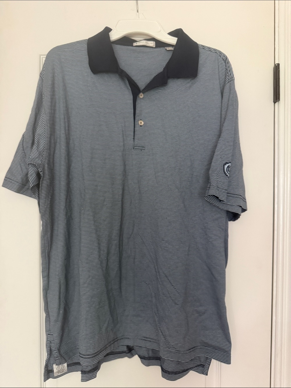 Peter Millar Men's Navy Collar Striped Polo Golf Capital City Club logo
